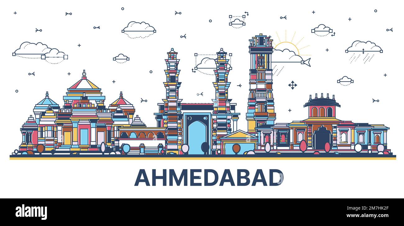 Outline Ahmedabad India City Skyline with Colored Historic Buildings Isolated on White. Vector Illustration. Ahmedabad Cityscape with Landmarks. Stock Vector