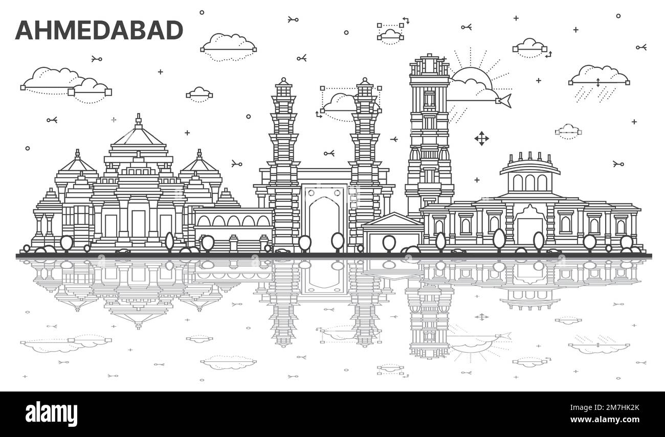 Outline Ahmedabad India City Skyline with Historic Buildings and Reflections Isolated on White. Vector Illustration. Ahmedabad Cityscape with Landmark Stock Vector