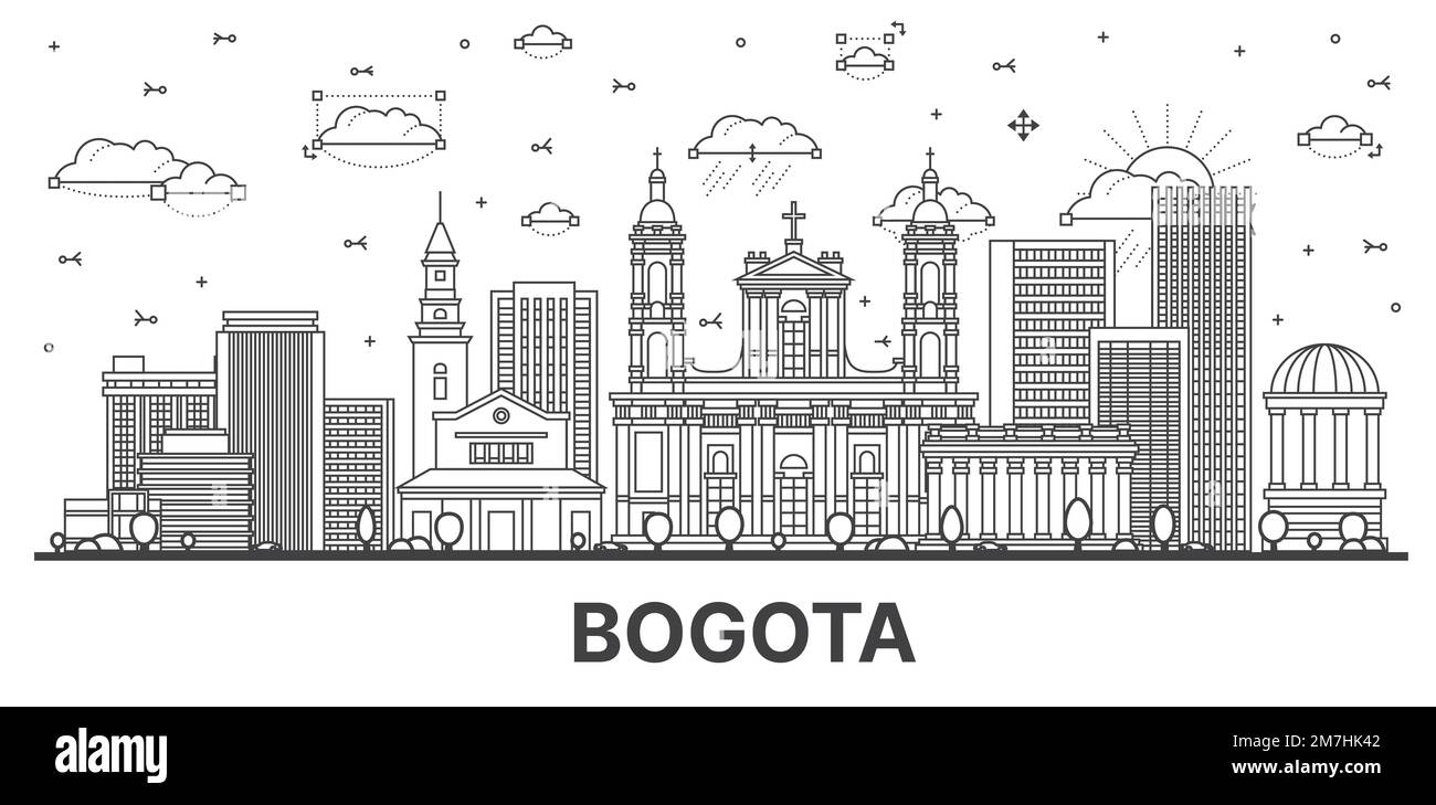 Outline Bogota Colombia City Skyline with Historic Buildings Isolated on White. Vector Illustration. Bogota Cityscape with Landmarks. Stock Vector
