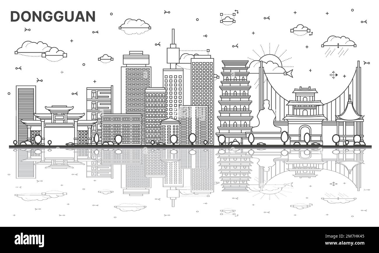Outline Dongguan China City Skyline with Modern Buildings and Reflections Isolated on White. Vector Illustration. Dongguan Cityscape with Landmarks. Stock Vector