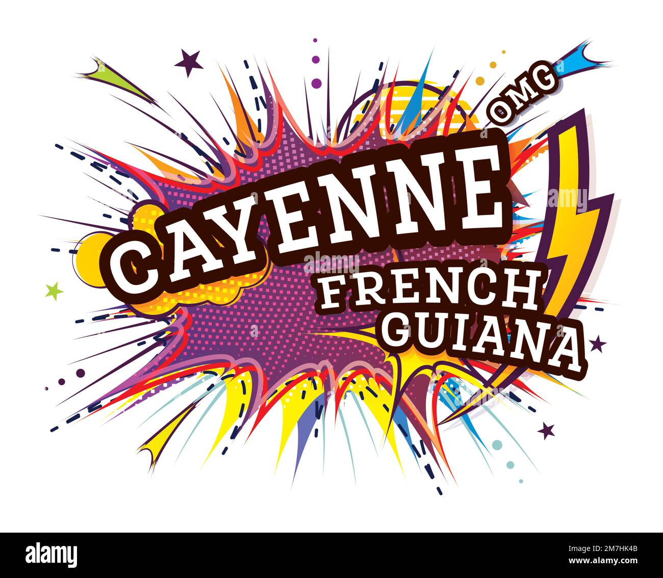 Cayenne French Guiana Comic Text in Pop Art Style Isolated on White Background. Vector Illustration. Retro Artwork with Geometric Design Elements. Stock Vector