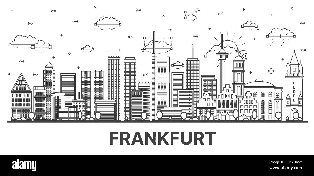 Outline Frankfurt Germany City Skyline with Modern Buildings Isolated on White. Vector Illustration. Frankfurt Cityscape with Landmarks. Stock Vector