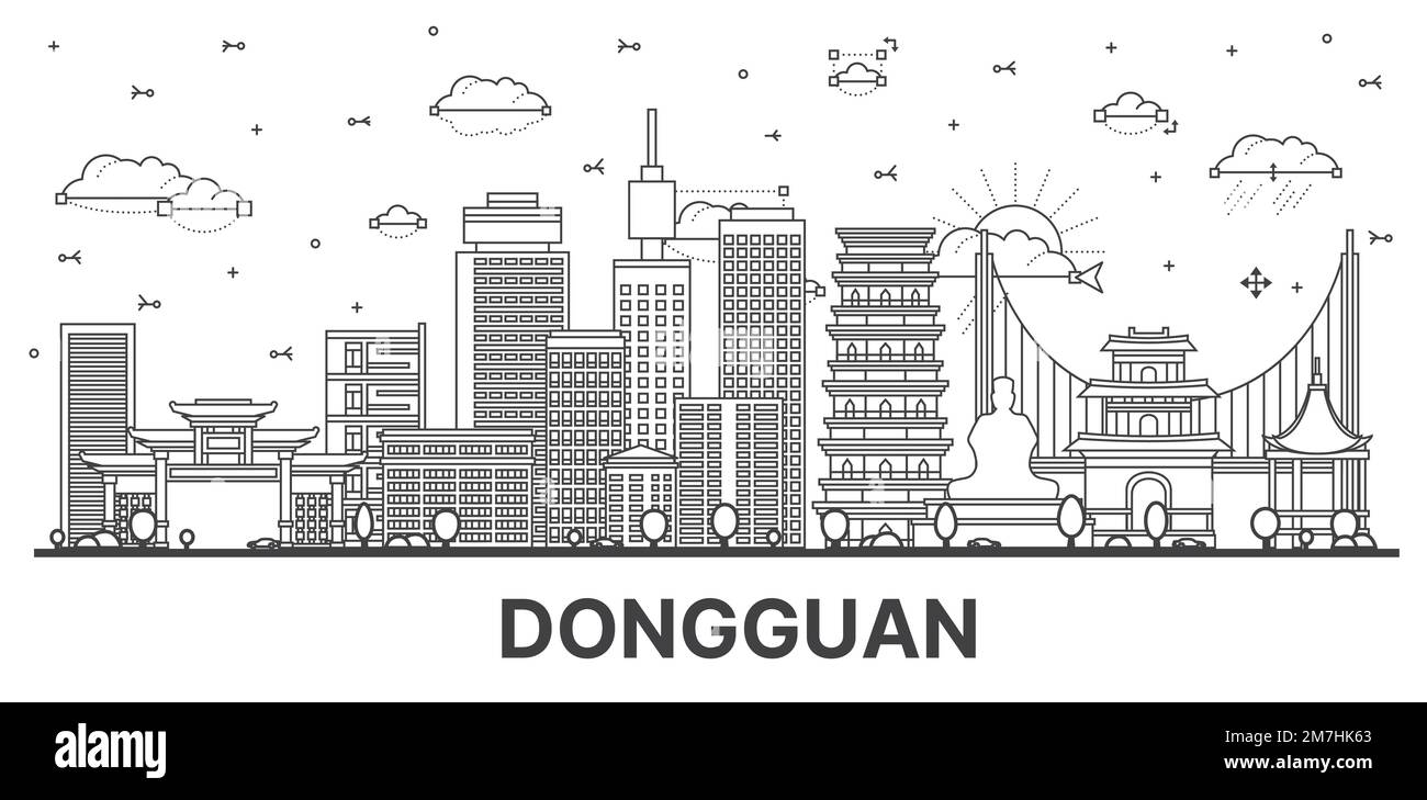 Outline Dongguan China City Skyline with Historic and Modern Buildings Isolated on White. Vector Illustration. Dongguan Cityscape with Landmarks. Stock Vector