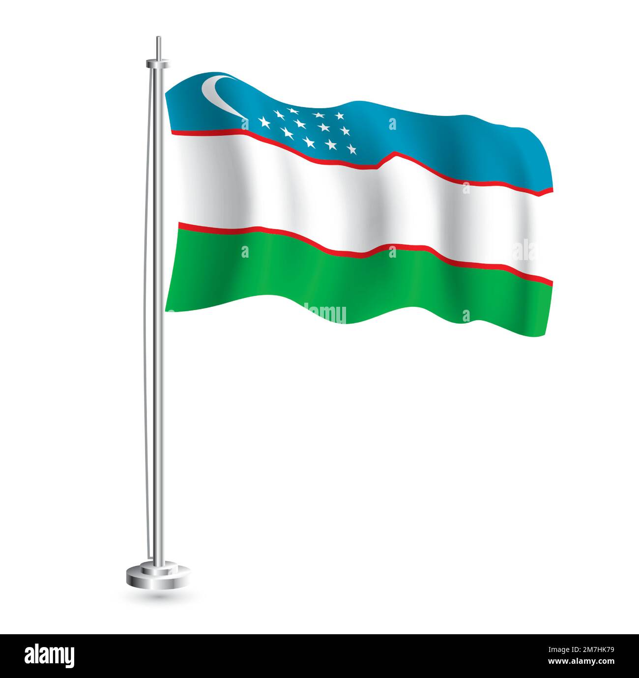 Uzbek Flag. Isolated Realistic Wave Flag of Uzbekistan Country on Flagpole. Vector Illustration. Stock Vector