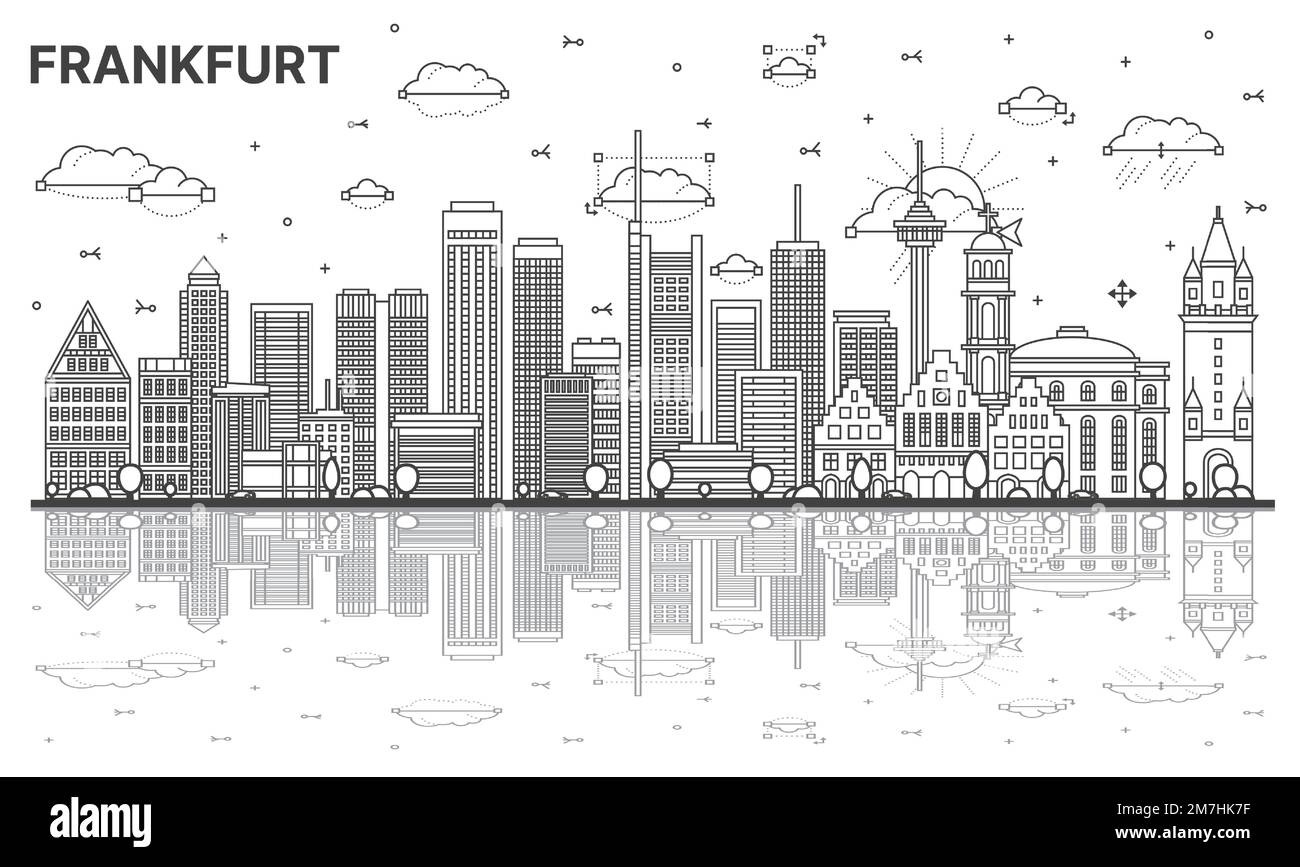 Outline Frankfurt Germany City Skyline with Modern Buildings and Reflections Isolated on White. Vector Illustration. Frankfurt Cityscape with Landmark Stock Vector