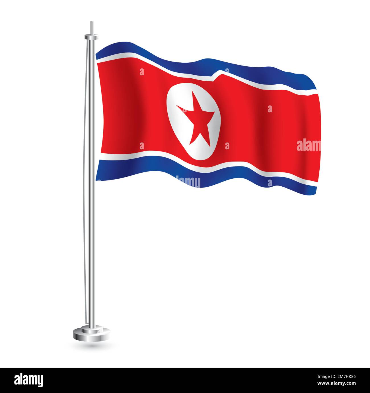 North Korea Flag. Isolated Realistic Wave Flag of North Korea Country on Flagpole. Vector Illustration. Stock Vector