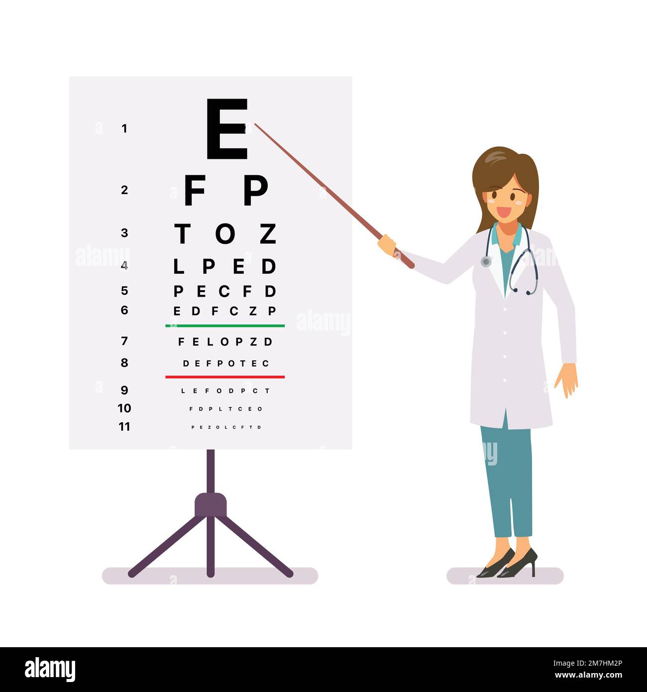 Ophthalmology female doctor standing near eye test chart. Ophthalmic table for visual examination. Vector illustration Stock Vector