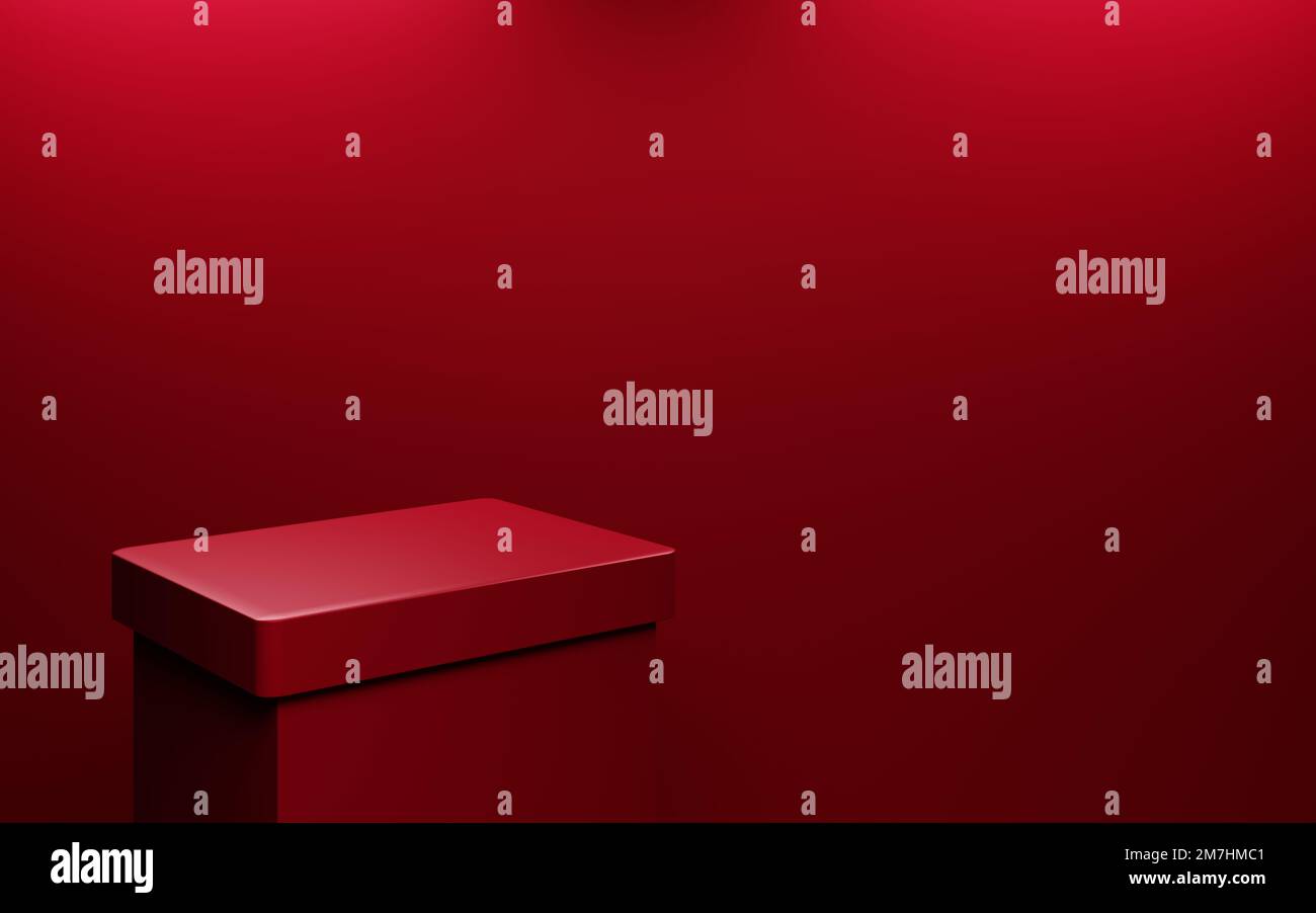 3d rendering of empty red podium abstract geometric minimal background. Scene for advertising, cosmetic ads, showcase, presentation, technology, cream Stock Photo