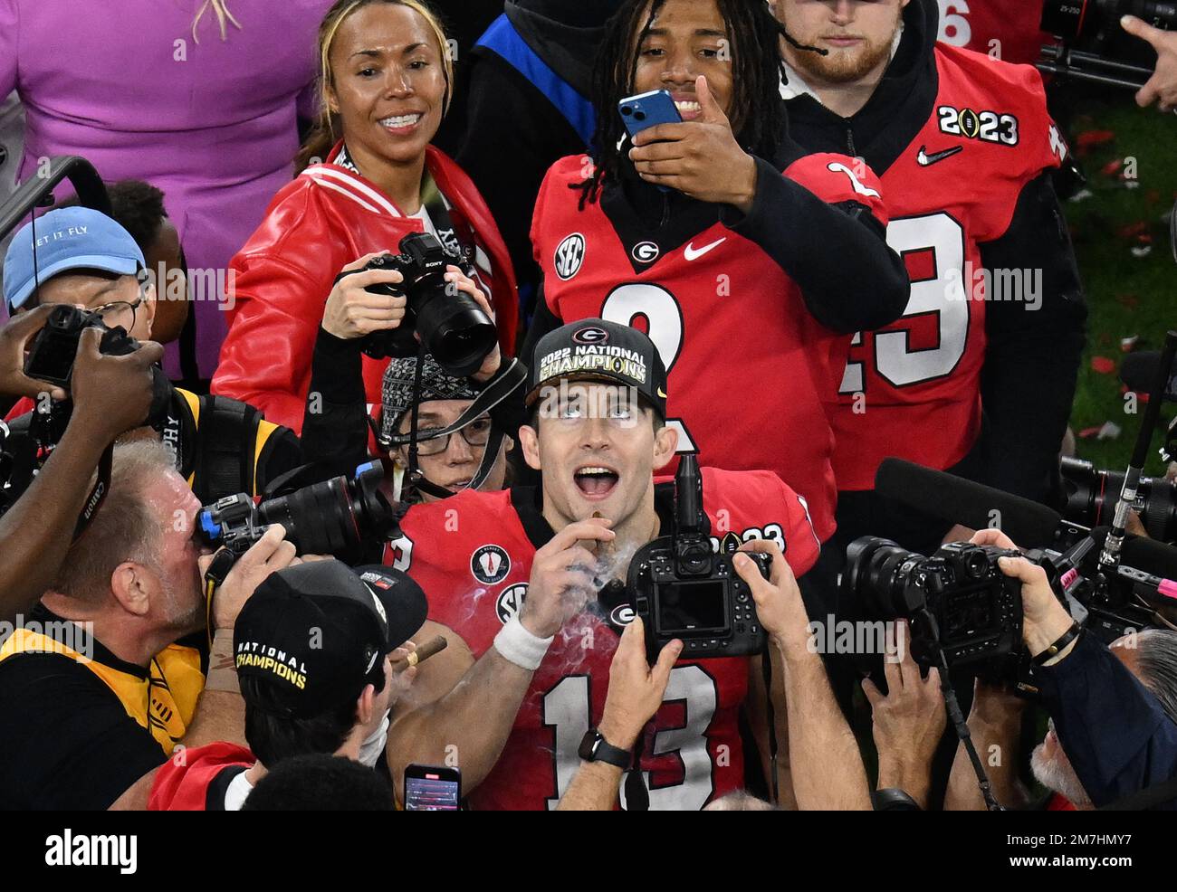 Inglewood, United States. 09th Jan, 2023. Georgia quarterback Stetson Bennett celebrates after the Bulldogs defeated the TCU Horned Frogs 65-7 in the 2023 NCAA College Football National Championship at SoFi Stadium in Inglewood, California, on Monday, January 9, 2023. Photo by Jon SooHoo/UPI Credit: UPI/Alamy Live News Stock Photo