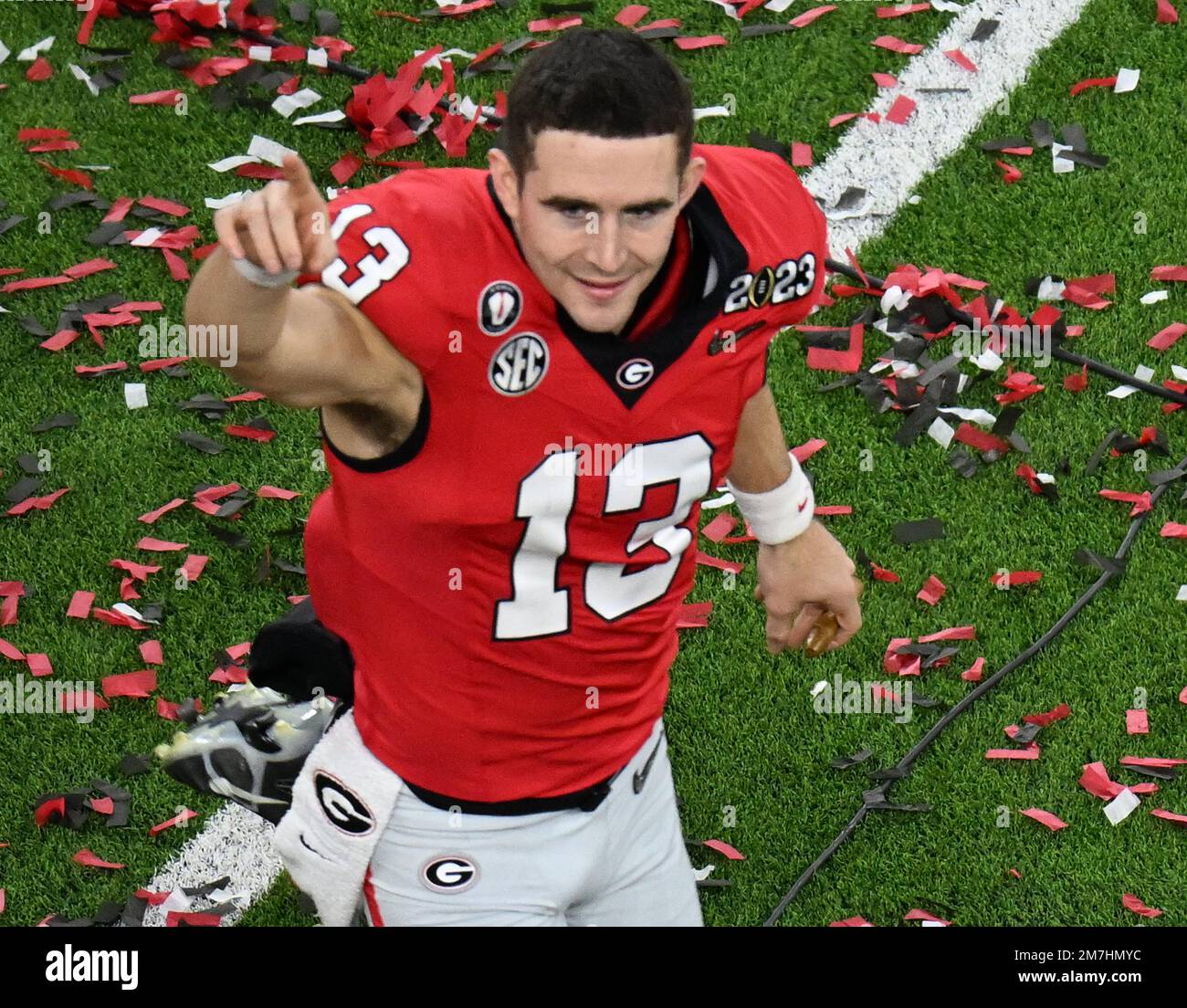 Inglewood, United States. 09th Jan, 2023. Georgia quarterback Stetson Bennett celebrates after the Bulldogs defeated the TCU Horned Frogs 65-7 in the 2023 NCAA College Football National Championship at SoFi Stadium in Inglewood, California, on Monday, January 9, 2023. Photo by Jon SooHoo/UPI Credit: UPI/Alamy Live News Stock Photo