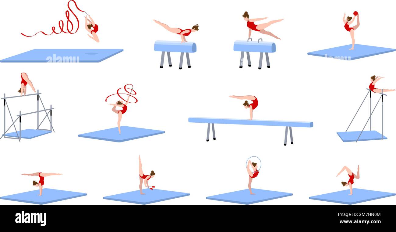 Gymnastics equipment icons set cartoon vector. Gym practice. Training equipment Stock Vector