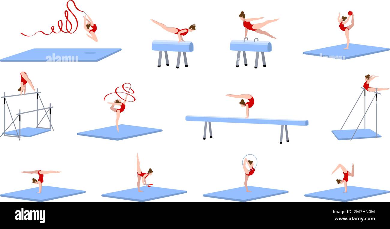 Gymnastics equipment icons set cartoon vector. Gym practice. Training