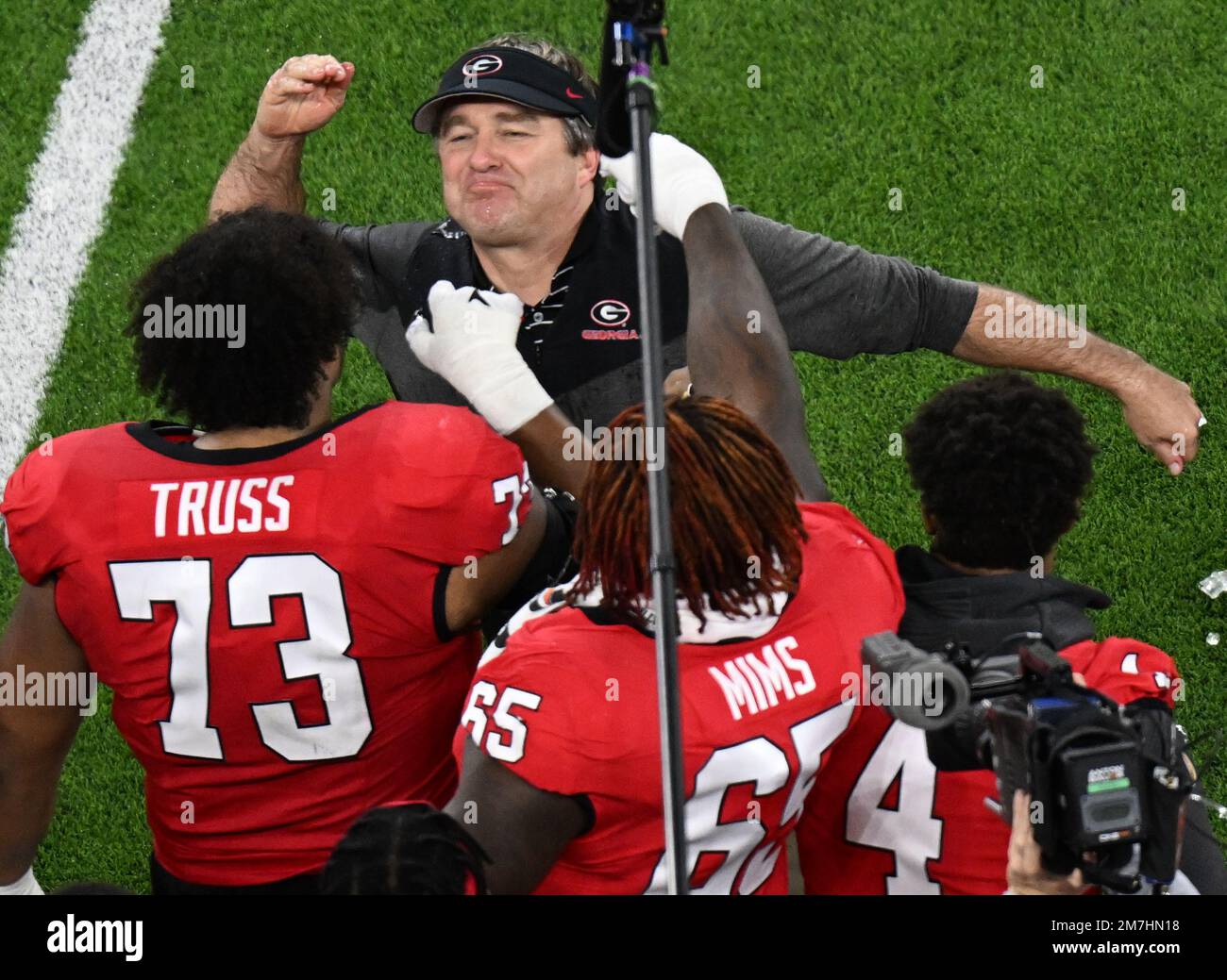 Inglewood, United States. 09th Jan, 2023. Georgia head coach Kirby Smart celebrates after the Bulldogs defeated the TCU Horned Frogs 65-7 in the 2023 NCAA College Football National Championship at SoFi Stadium in Inglewood, California, on Monday, January 9, 2023. Photo by Jon SooHoo/UPI Credit: UPI/Alamy Live News Stock Photo