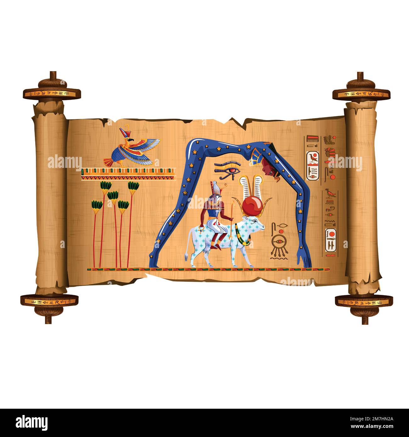Ancient Egypt papyrus scroll cartoon vector with hieroglyphs and Egyptian culture religious symbols, Ra sits on cow back, over it in form of night sky goddess Nut, Ra leaving for sky legend Stock Vector