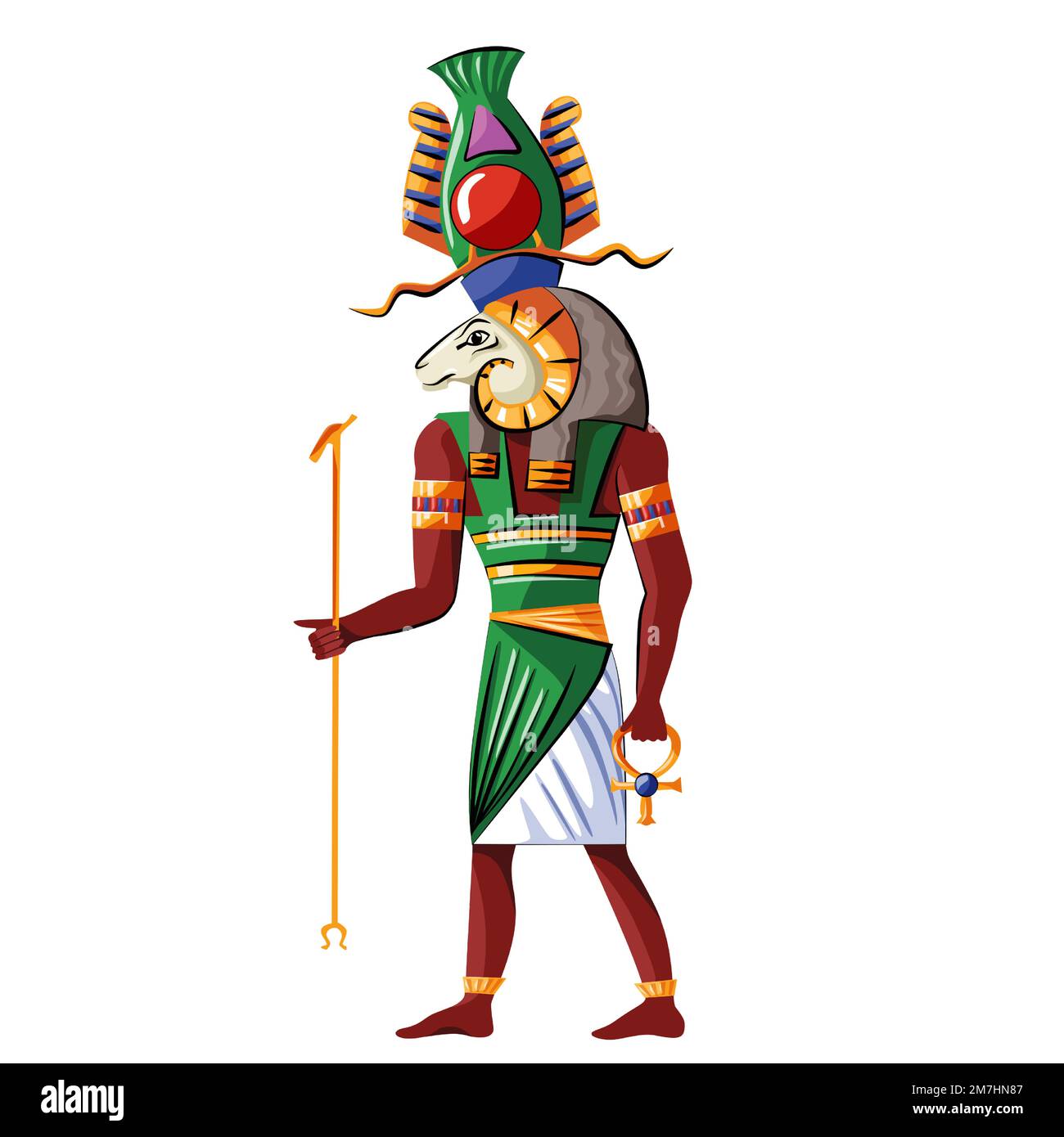 Ancient Egypt god source of Nile Khnum cartoon vector. Egyptian culture religious symbol, creator god with human figure and ram head with spiral-twisted horns and sacred symbols in his hands Stock Vector