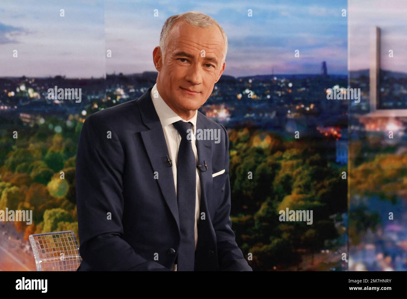 French TV host Gilles Bouleau poses prior to an interview on the set on