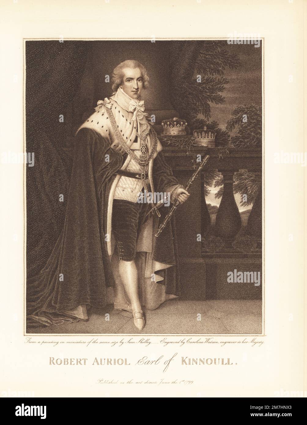 Robert Auriold, 10th Earl of Kinnoull, 1751-1804. Robert Hay-Drummond, Scottish peer and Lord Lyon King of Arms in coronation robes: ermine mantle, waistcoat, breeches, hose and buckle shoes, with coronets, collar, sword and baton. Copperplate stipple engraving by Caroline Watson after a miniature portrait by Samuel Shelley from Andrew W. Tuer's Bartolozzi and his Works, Field and Tuer, London, 1881. Stock Photo