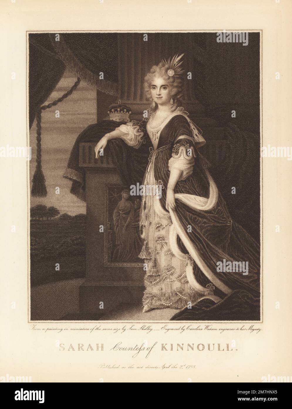 Sarah, Countess of Kinnoull, 1760-1837. Sarah Harley was the fourth daughter of Right Hon. Thomas Harley, Lord Mayor of London and married Robert Hay-Drummond, Earl of Kinnoull in 1781. In coronation robes: fur-lined cape, velvet gown, skirts decorated with pearls and jewels, coronet on a draped plinth. Copperplate stipple engraving by Caroline Watson after a miniature portrait by Samuel Shelley from Andrew W. Tuer's Bartolozzi and his Works, Field and Tuer, London, 1881. Stock Photo