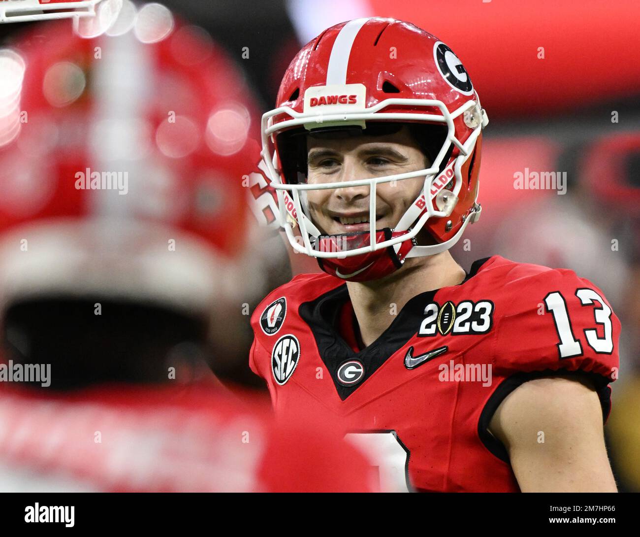 Inglewood, United States. 09th Jan, 2023. Georgia quarterback Stetson Bennett smiles in the fourth quarter against TCU in the 2023 NCAA College Football National Championship at SoFi Stadium in Inglewood, California, on Monday, January 9, 2023. The Bulldogs defeated the TCU Horned Frogs 65-7. Photo by Jon SooHoo/UPI Credit: UPI/Alamy Live News Stock Photo