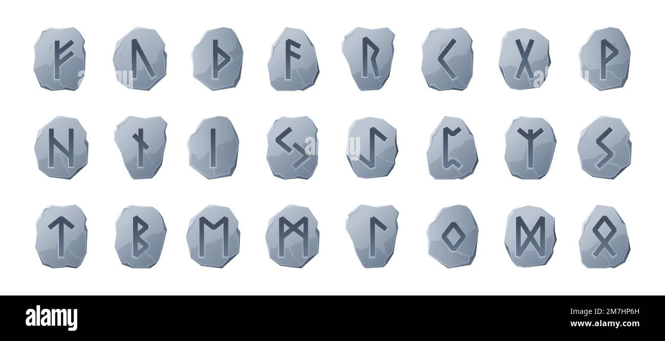 Runic stones. Scandinavian viking sacred runes alphabet, old celtic nordic type letters futark font symbols cartoon style. Vector isolated set of nordic sacred elements illustration Stock Vector