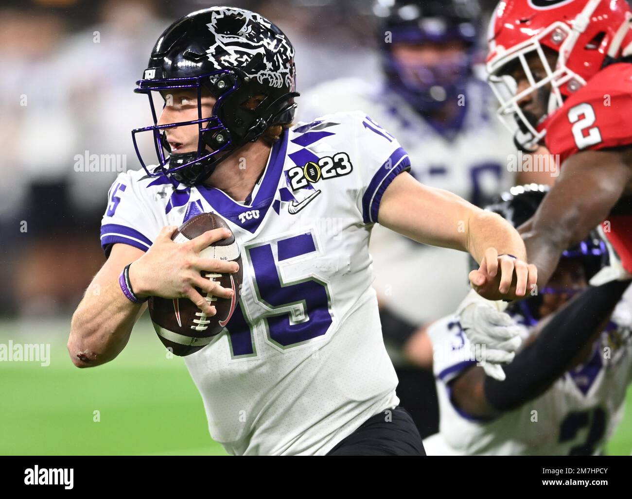 Inglewood, United States. 09th Jan, 2023. TCU Horned Frogs quarterback Max Duggan runs with the football in the second half at the CFP National Championship game at SoFi Stadium in Inglewood, California, on Monday, January 9, 2023. Georgia defeated TCU 65-7. Photo by Mike Goulding/UPI Credit: UPI/Alamy Live News Stock Photo
