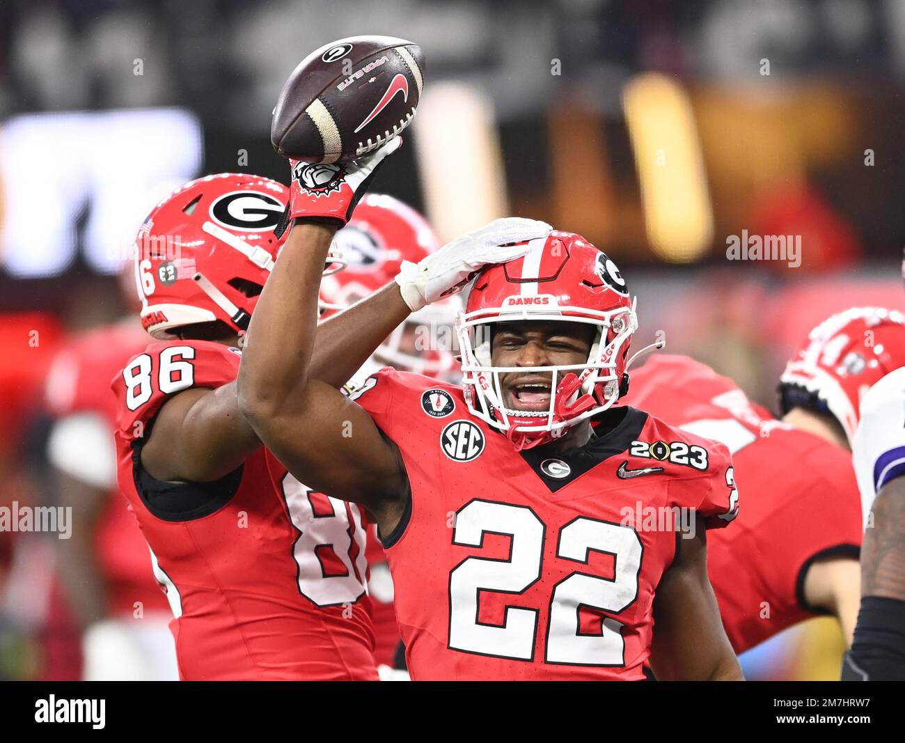 Inglewood, United States. 09th Jan, 2023. Branson Robinson of the Georgia Bulldogs celebrates in the second half against the TCU Horned Frogs at the CFP National Championship game at SoFi Stadium in Inglewood, California, on Monday, January 9, 2023. Georgia defeated TCU 65-7. Photo by Mike Goulding/UPI Credit: UPI/Alamy Live News Stock Photo