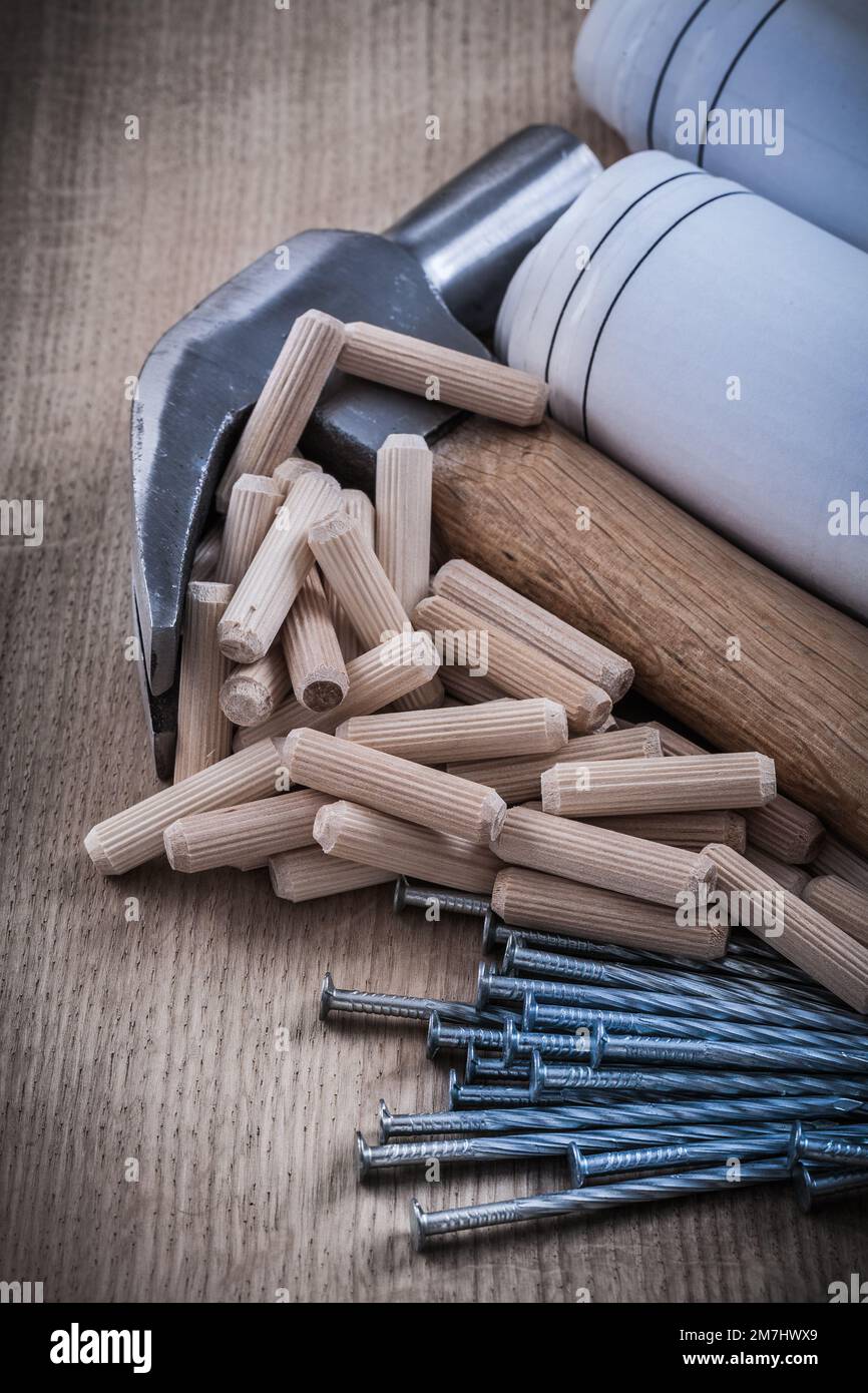 Blueprint rolls claw hammer dowel pins and stainless construction nails