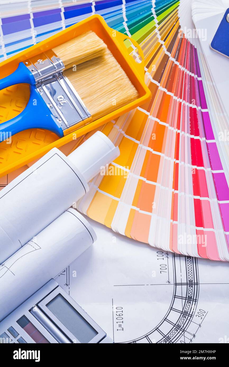 color palette paintbrushes paint can blueprints calculator Stock Photo