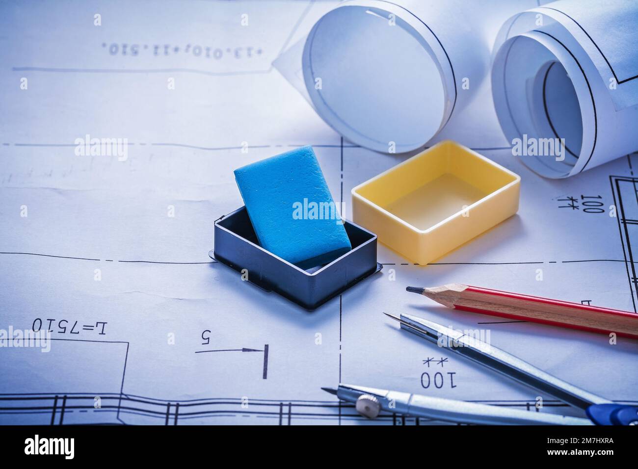composition of pencil compass eraser rolled blueprints Stock Photo Alamy