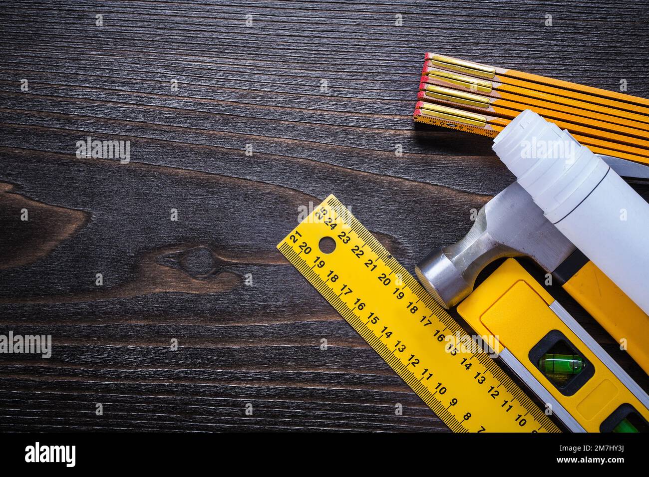 Construction level white blueprints instruments of measurement and claw ...