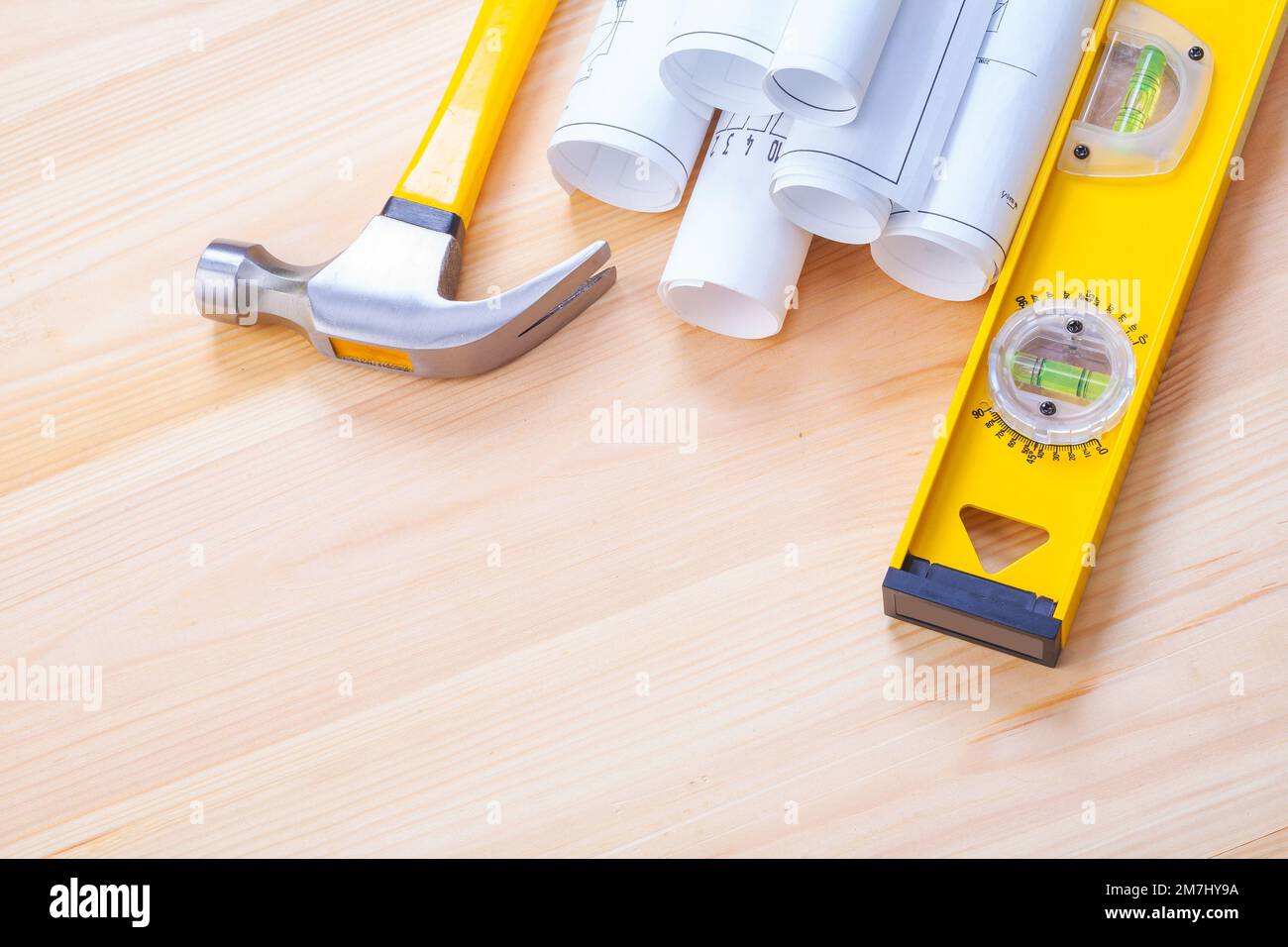 copyspace image white blueprints claw hammer construction level Stock ...