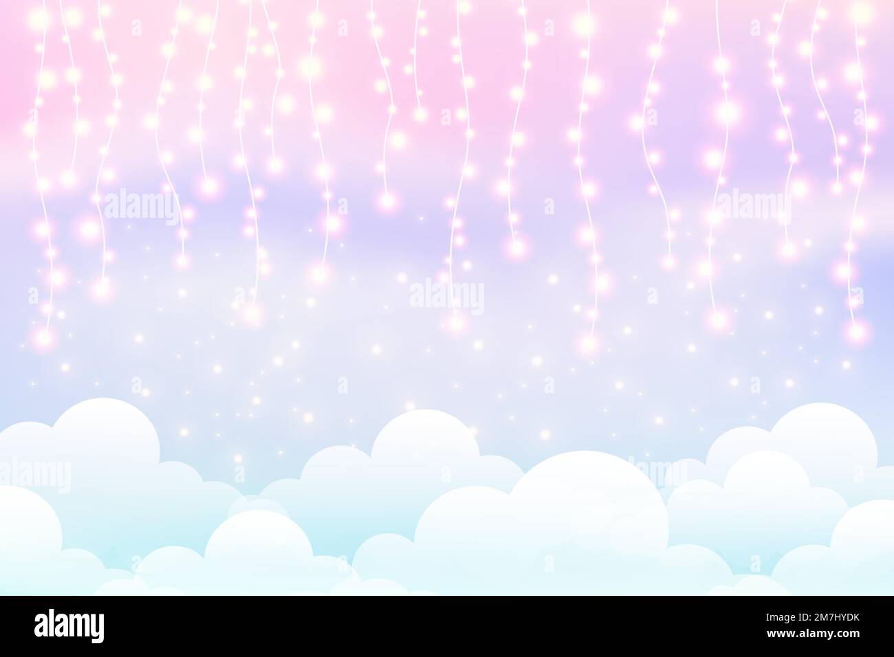 Cloudy sky with lights garland. Cute pastel background. Magic fluffy backdrop for banner, invitation and template. Cartoon vector scene Stock Vector