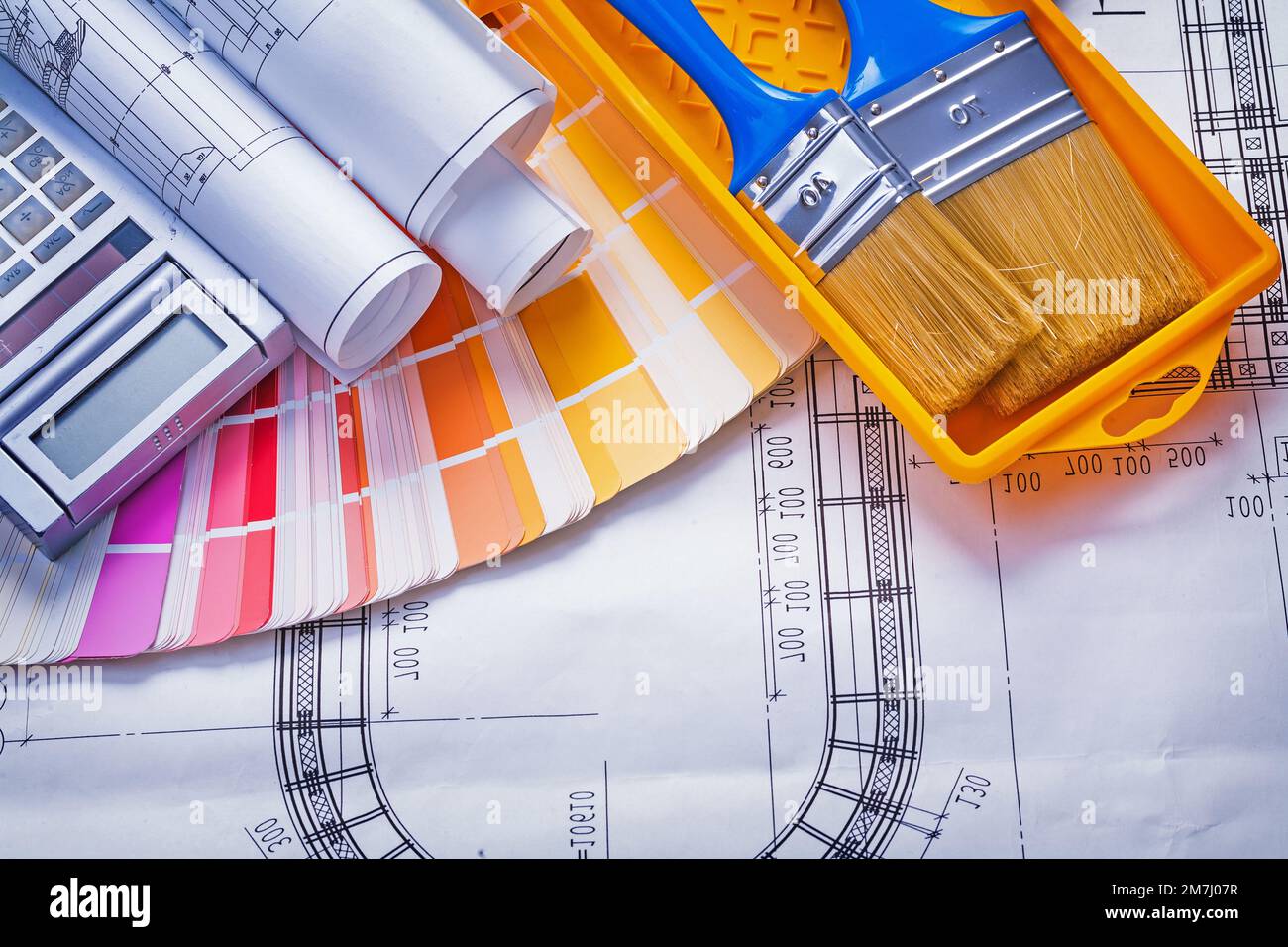 paintbrushes paint can blueprints calculator color palette construction