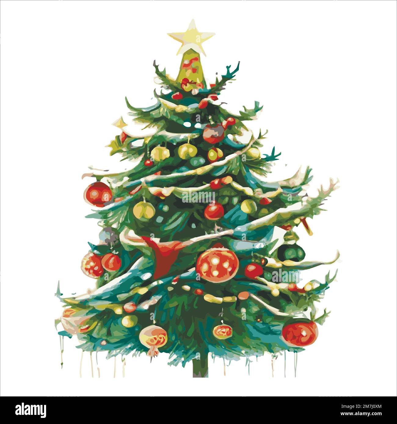 Fairytale Christmas tree with a variety of decorations on a white