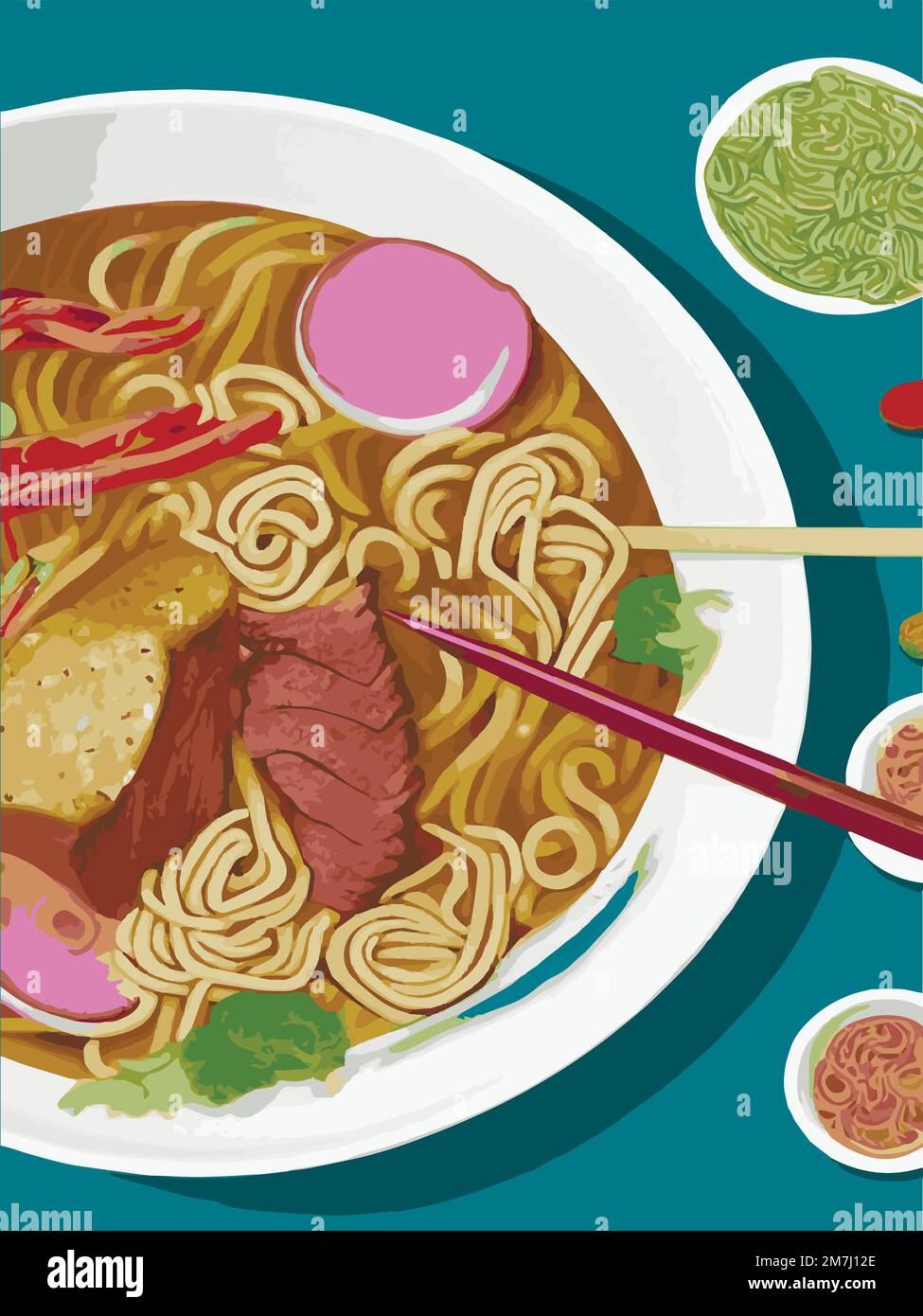 Noodles, Asian foods, Chinese food colorful illustration. Vector