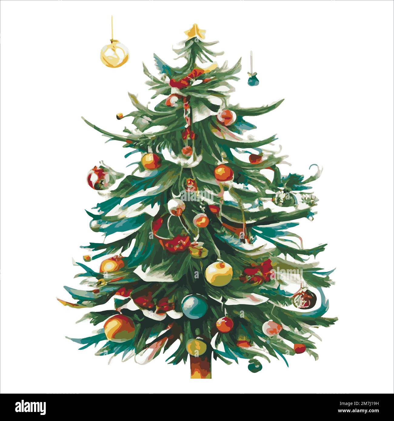 Fairytale Christmas tree with a variety of decorations on a white