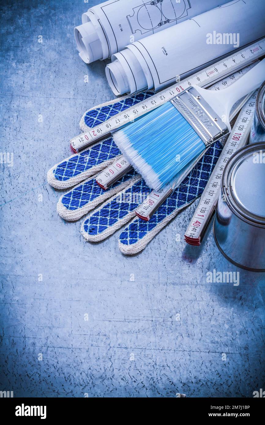 Set of paint brushes cans wooden meter blueprints safety gloves Stock ...