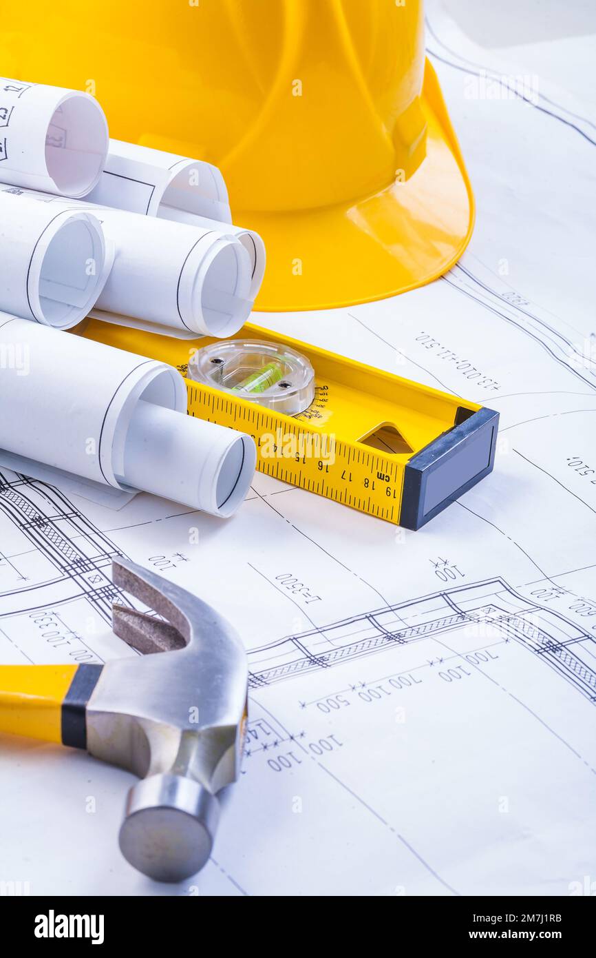 view on tools hammer blueprints level hardhat Stock Photo