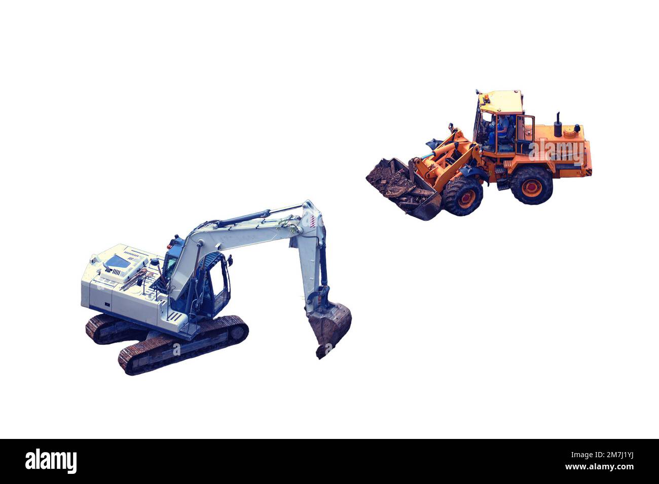 Excavators and bulldozers are being built in the green park, top view