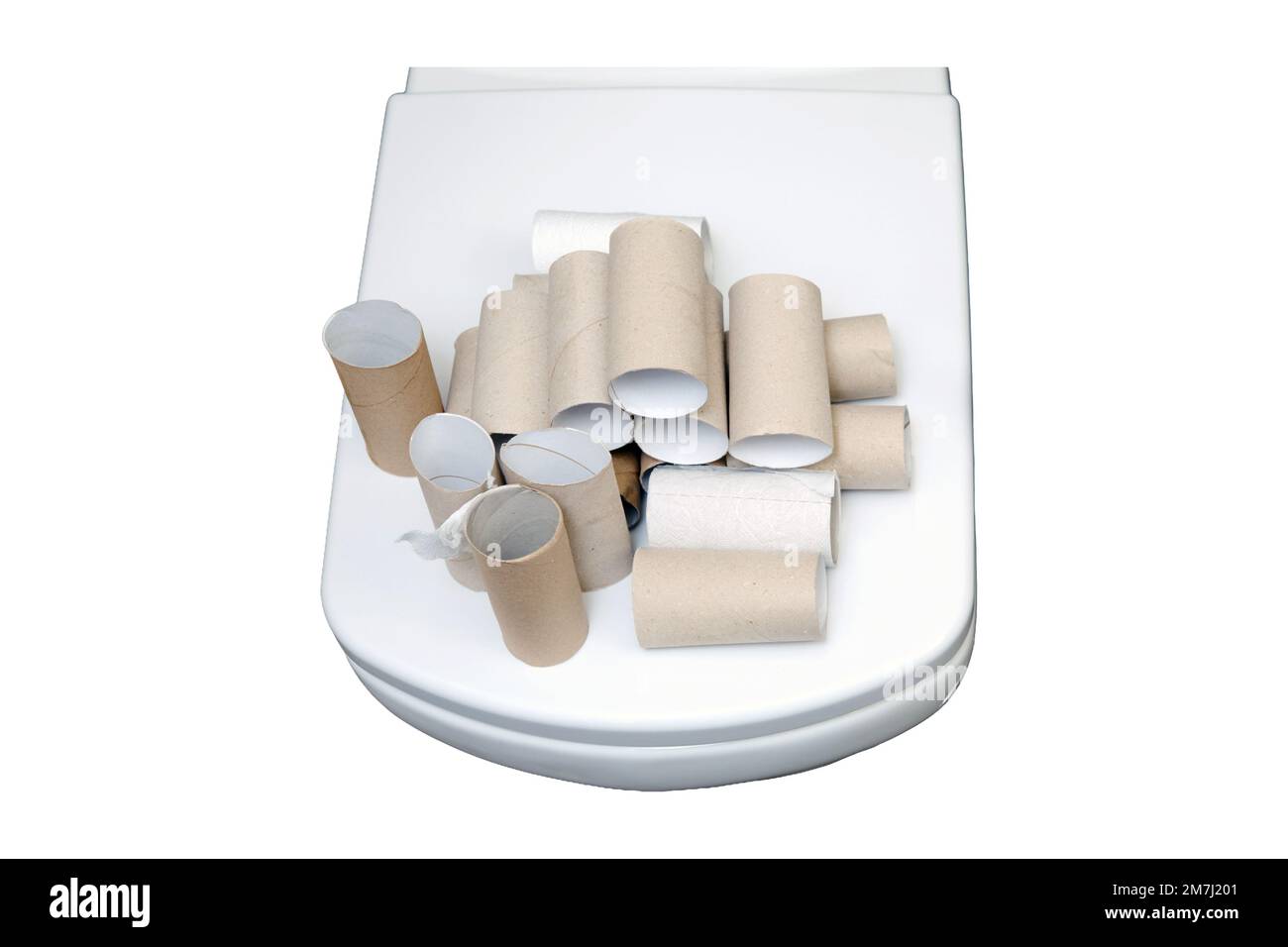 Empty toilet paper rolls are in the bathroom, close up, isolated on a
