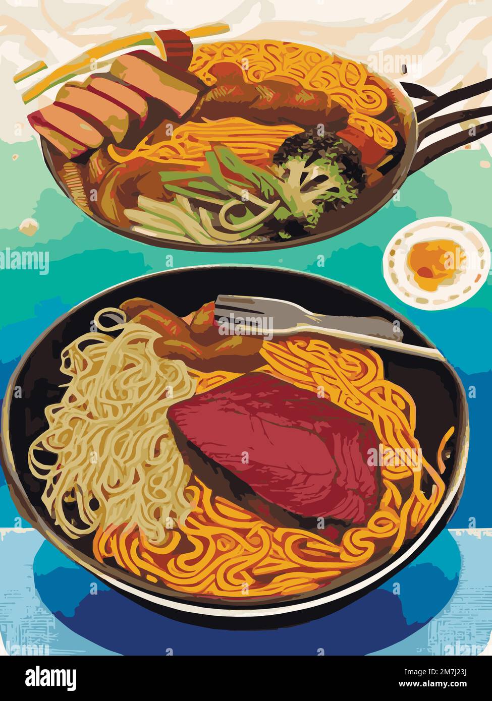 Noodles, Asian foods, Chinese food colorful illustration. Vector