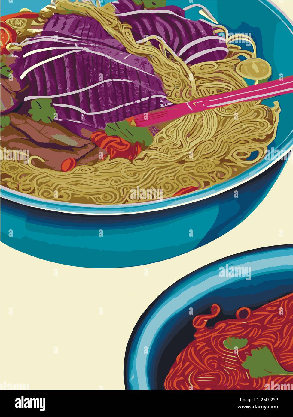 Noodles, Asian foods, Chinese food colorful illustration. Vector
