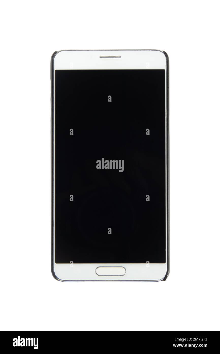 Smartphone with black screen isolated on white background. White smartphone top view Stock Photo
