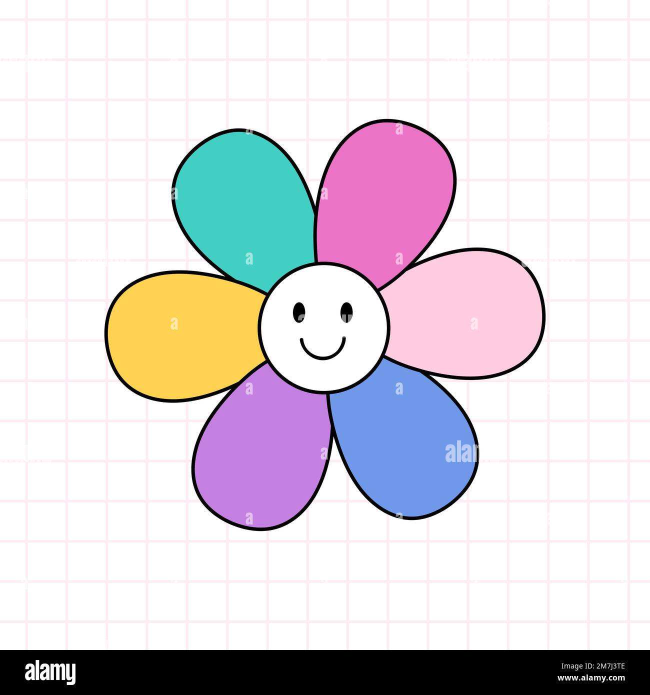 Flower with a smiling face in the style of the 90s. Vector hand-drawn ...
