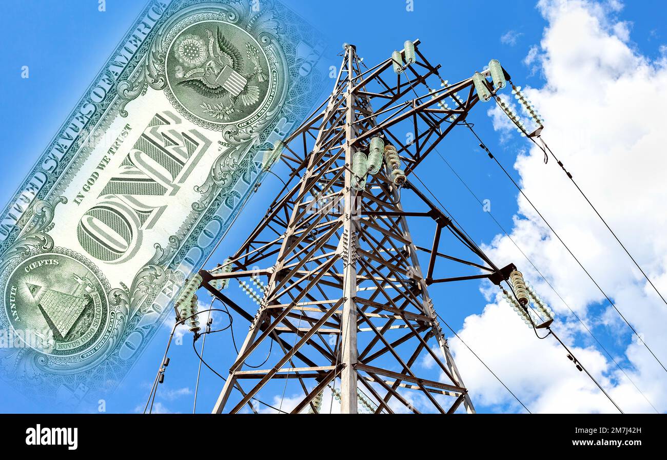 American dollar banknote on the background of a high-voltage power line. Electricity fee concept Stock Photo