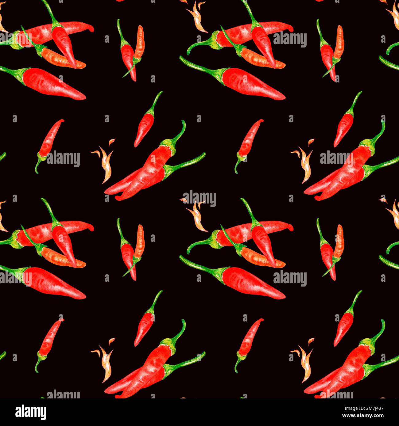 Tabasco hot pepper and flame watercolor seamless pattern isolated on ...