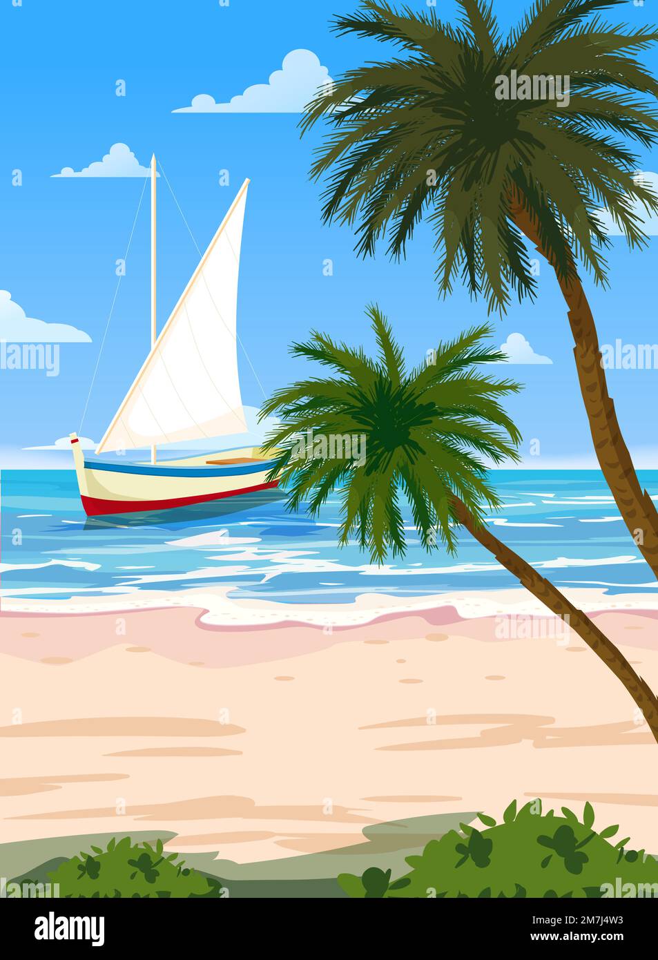 Poster Travel, Tropical seascape, beach, palms, sailboat, poster, seaside view landscape. Vintage style Stock Vector