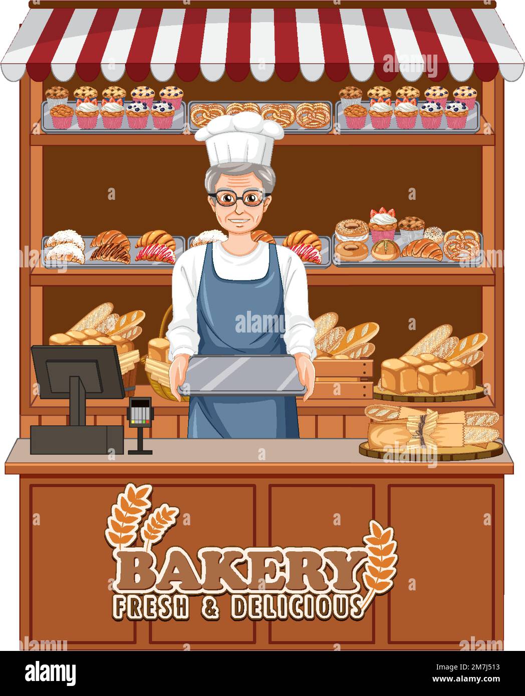Bakery showcase with bread and pastry products illustration Stock