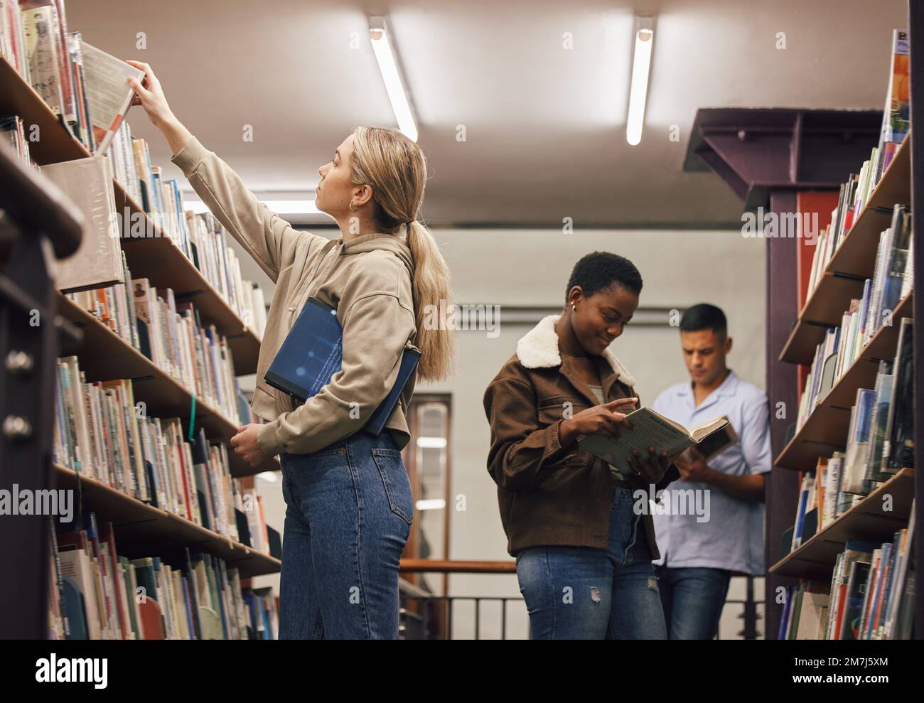 Education, book search or girl in library at university, college or school bookshelf learning or studying. Research, scholarship or gen z student Stock Photo