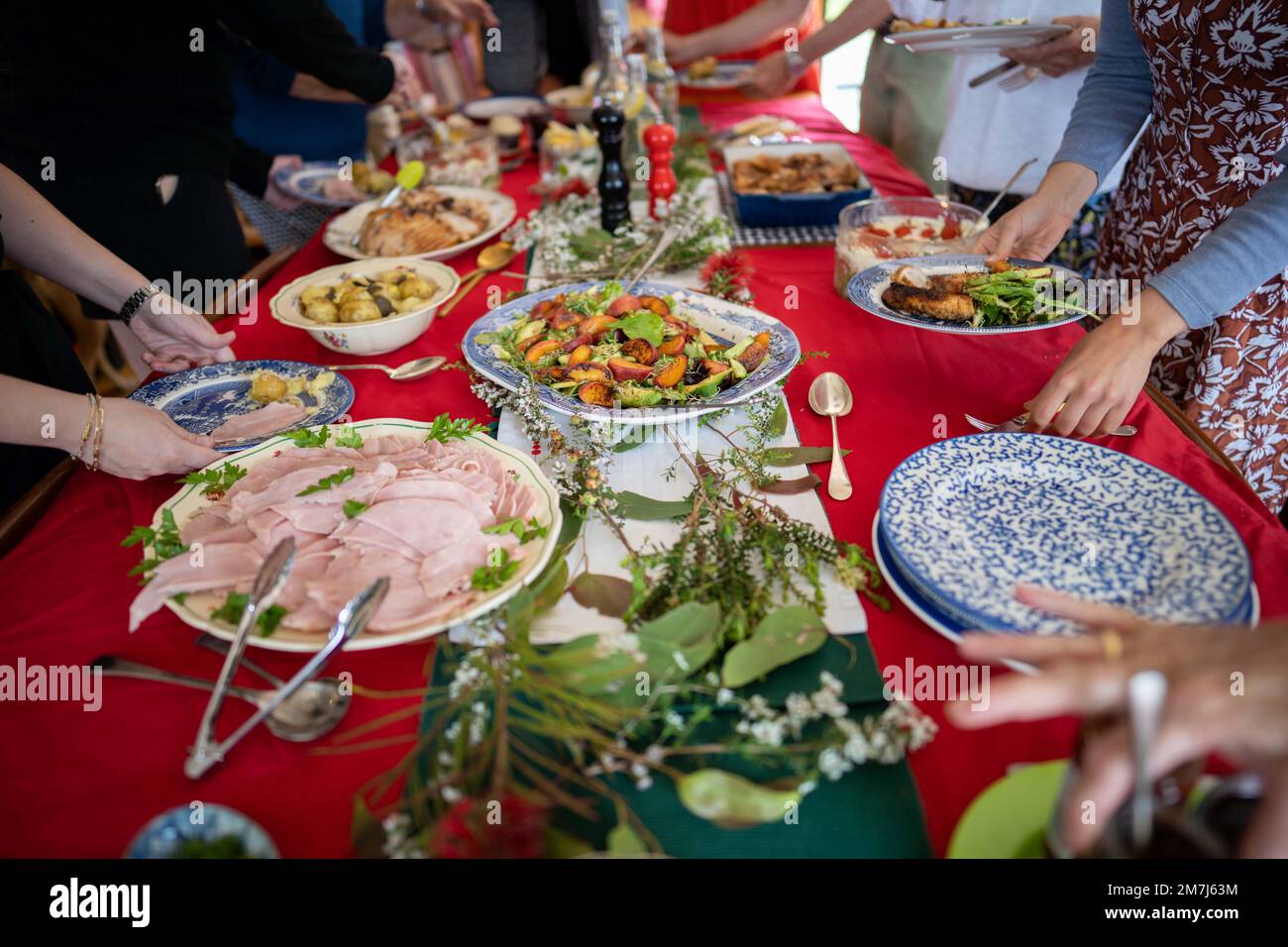 Australian christmas dinner buffet in summer time with the whole family